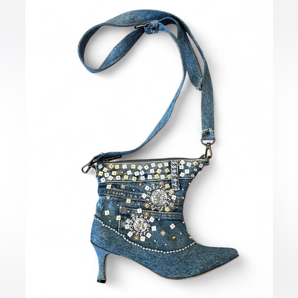 Y2K Denim Embellished Sequin Boot Purse - Picture 1 of 8